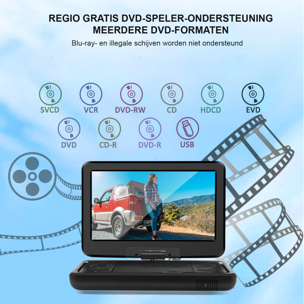 Draagbare DVD-speler 10,1 inch met DVB-T2 TV, draaibaar LED-scherm en USB-, HDMI- en AV-aansluitingen