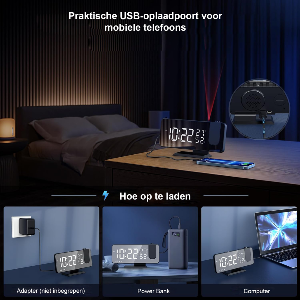 Digitale projectorwekker met radio en 7 inch LED-spiegelscherm