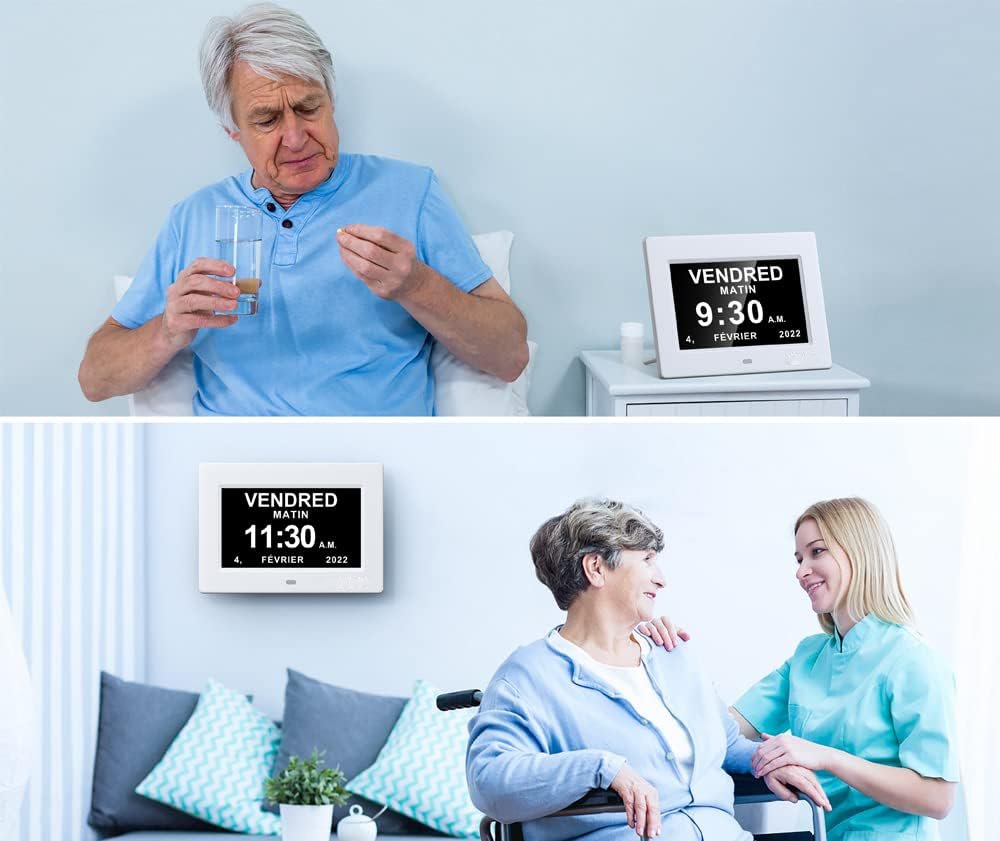 Digitale kalenderklok 17,8 cm - LCD-scherm met datum, dag en tijd - witte klok met automatische dimfunctie en herinneringen