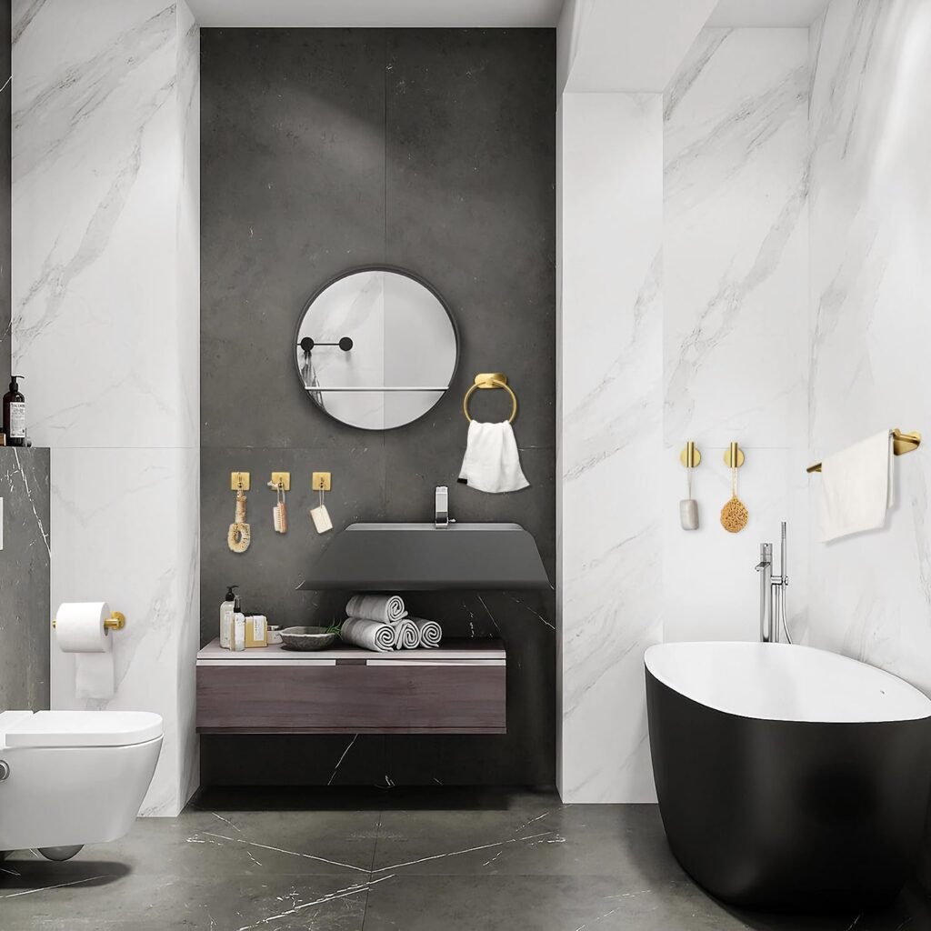 Gouden handdoekrek set met handdoekring, toiletpapierhouder en 2 handdoekhaken