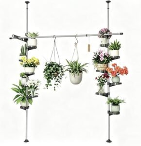 Plantenrek Indoor – Plantenstandaard met 12 Lades en 2 Haken – Vloer-tot-Plafond Rek – Telescopische Stang, Grijs