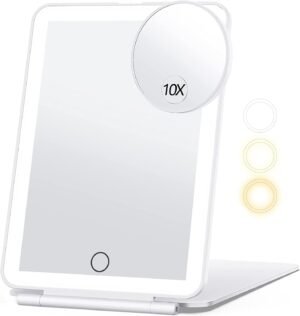 Vergrotende make-upspiegel met LED-verlichting, draagbaar en draaibaar, 80 LED’s en 3 lichtkleuren
