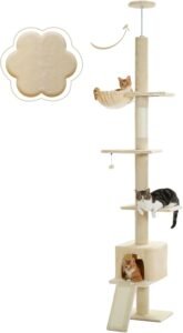 Kattenboom Vloer tot Plafond – Verstelbare Kattenkrabpaal met Hangmat – Kattenappartement en Anti-valband – 216-273 cm