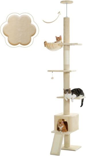 Verstelbare beige kattenboom vloer tot plafond met hangmat en kattenappartement