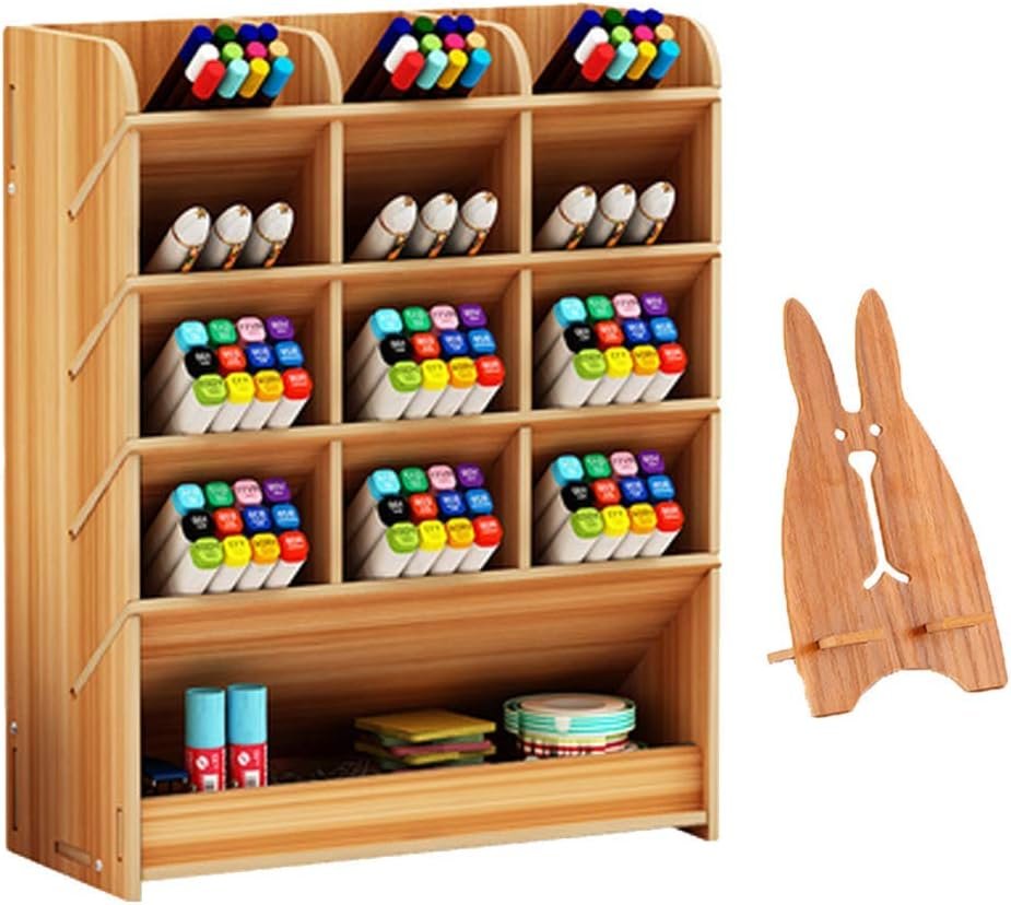 Bureau Organizer Hout - Pennenhouder met 12 Compartimenten en Lade - Bureau Opberger voor Kantoor en School - 21 x 25,5 cm