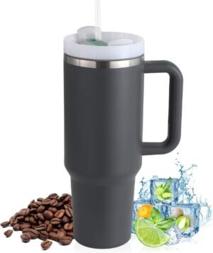 Thermosbeker met rietje en handvat 1200 ml, dubbelwandig RVS, donkergrijs