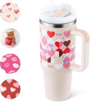 Thermosbeker met rietje en handvat van roestvrij staal 1200 ml in Sakura roze