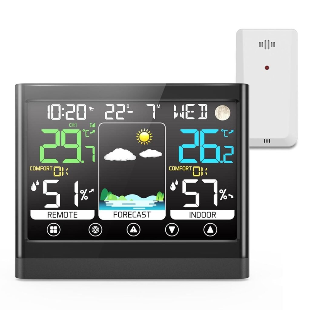 Nauwkeurig weerstation met buitensensor, kleurendisplay, weersvoorspelling en luchtvochtigheidsmeting