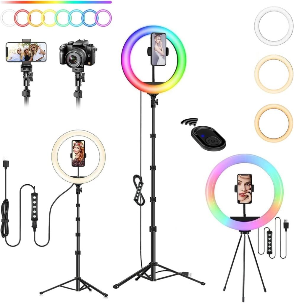 Ringlamp met telefoonhouder en verstelbare helderheid, kleurtemperatuur en RGB-modi voor fotografie en video’s
