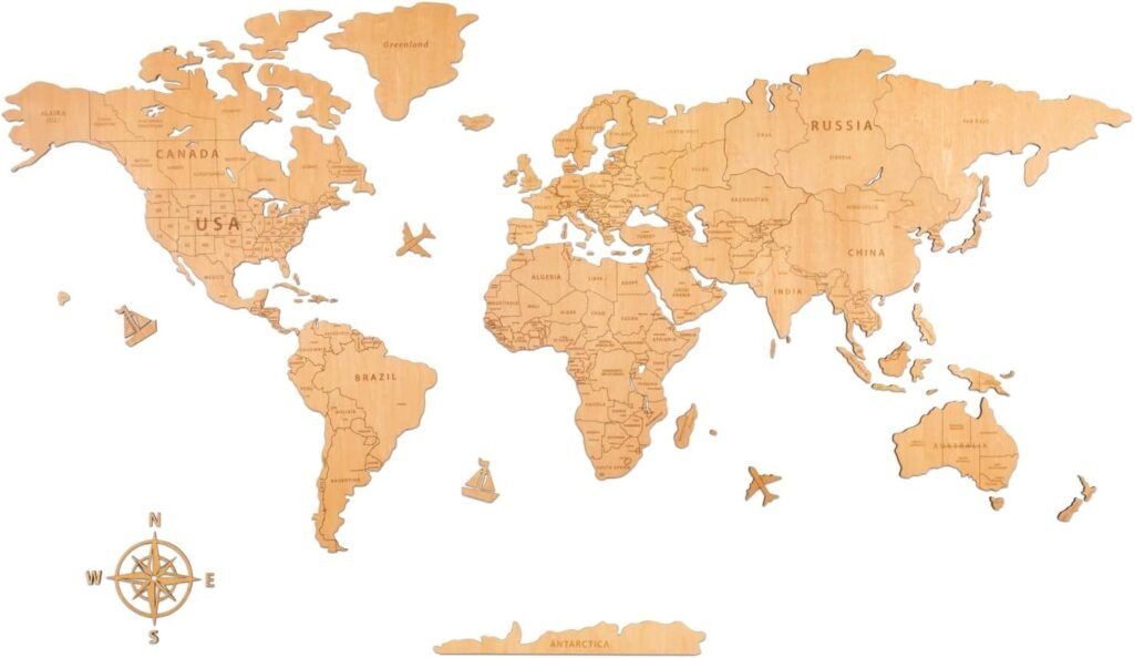 Handgemaakte wereldkaart wanddecoratie in natuurlijke tinten met uniek design