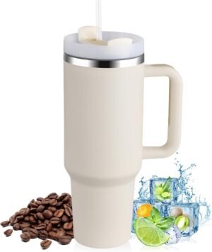 Thermosbeker 1200 ml met rietje en handvat van roestvrij staal, wit, dubbelwandig en isolerend
