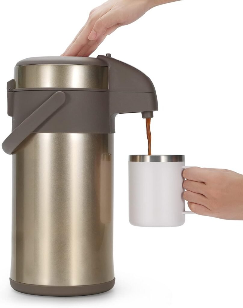 Dubbelwandige vacuüm thermoskan 1 liter met pompmechanisme van roestvrij staal
