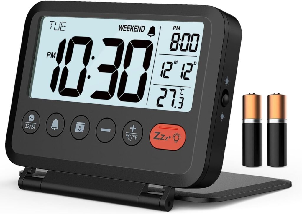 Digitale reiswekker met verlichte achtergrond en weekendinstelling, compacte draagbare wekker op batterijen