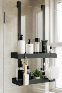 Doucheplank 2-laags – Hangend doucherek met 4 haakjes – Douche organizer van roestvrij staal – Mat zwart 55,5 x 31,5 x 10,5 cm