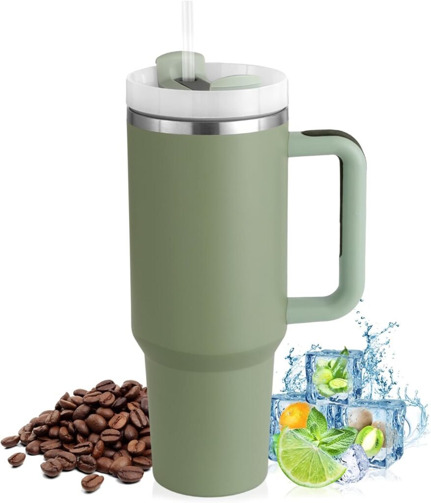 Dubbelwandige RVS thermosbeker 1200 ml met rietje en handvat in matcha groen