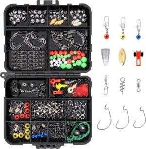 Visaccessoireset met haken, gewichten, dobbers en opbergdoos voor zoet- en zoutwatervissen