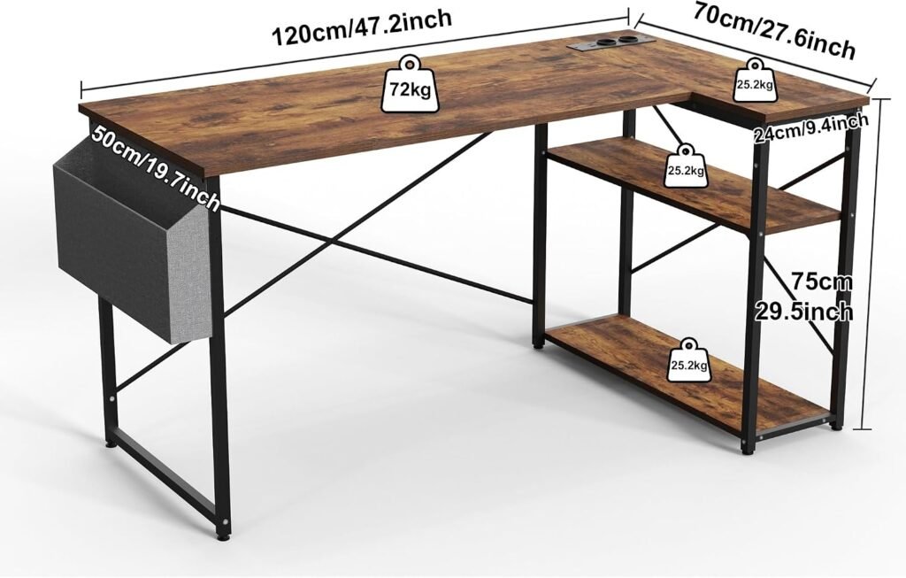 Hoekbureau met stopcontacten, verstelbare planken en opbergruimte, zwart houtcomposiet, 120 x 70 cm