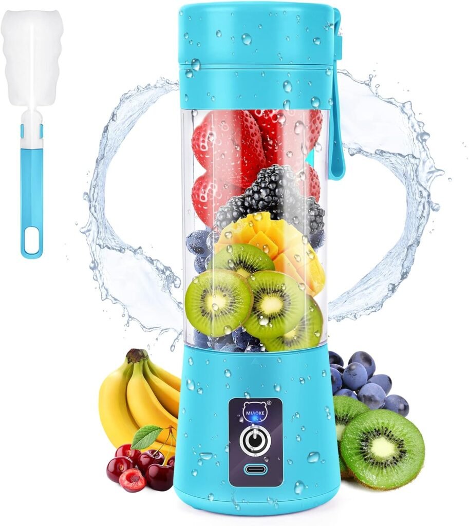 Draagbare mini blender met zes 3D messen, USB oplaadbaar, voor sap en smoothies, blauw
