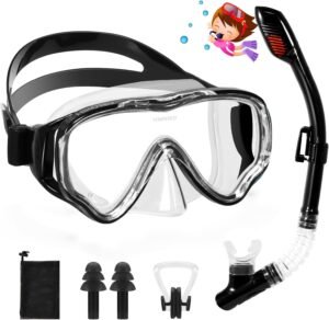 Anti-condens duikmasker met oordopjes en verstelbare snorkel voor volwassenen, zwart-offsetof