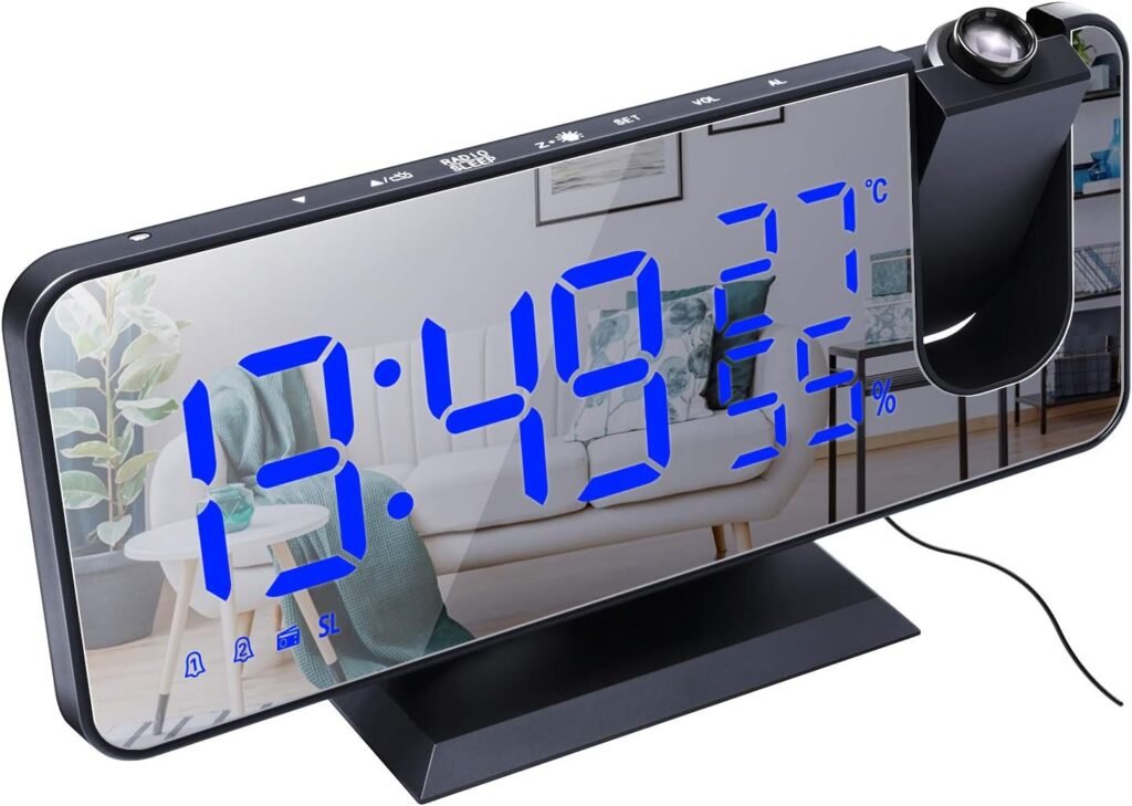 Projectie wekker radio met dimbaar spiegel display, 180° draaibaar en dubbele alarmfunctie in zwart-blauw