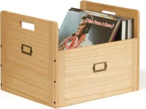 Houten vinyl platen opbergbox voor maximaal 80 LP’s, natuurlijke kleur