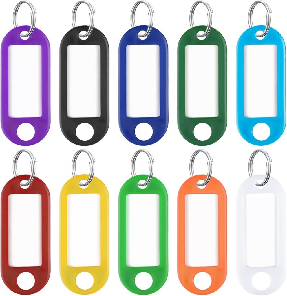 Plastic sleutelringen set 200 stuks 5 cm in 10 kleuren met labels