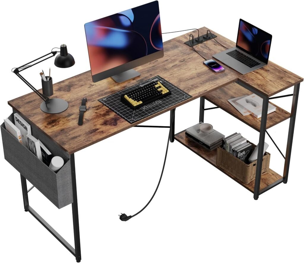 Hoekbureau met stopcontacten, verstelbare planken en opbergruimte, zwart houtcomposiet, 120 x 70 cm