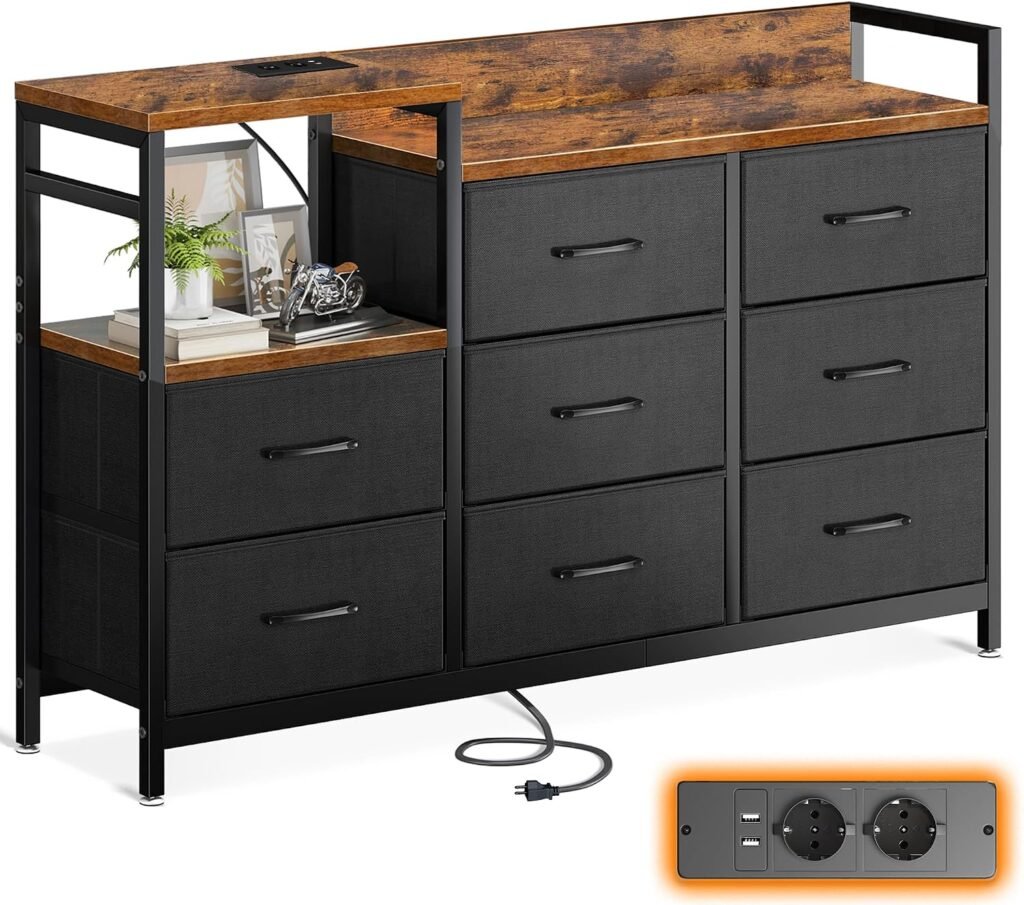 Ladenkast met lades en 2 USB- en 2 AC-poorten, vintage zwart dressoir 132 x 30 x 88 cm