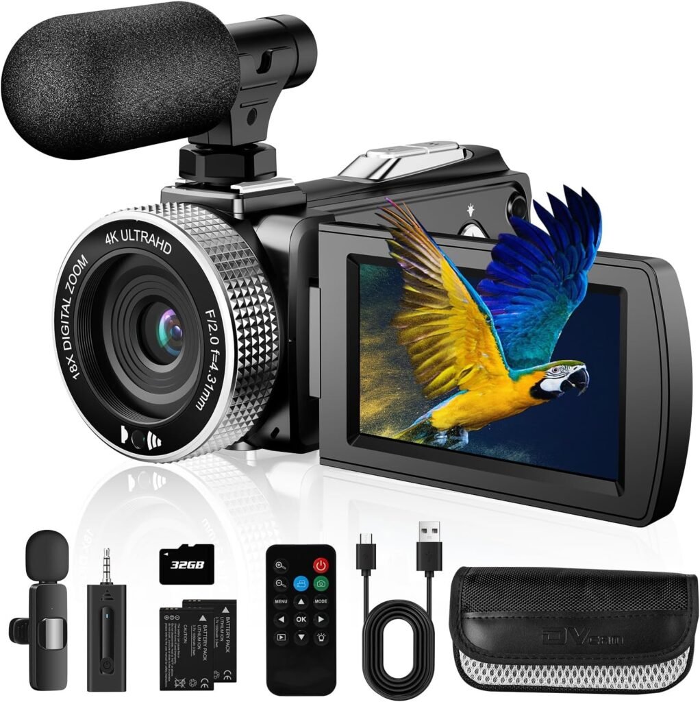 4K camcorder met draadloze microfoon, 48MP fotocamera en 4K 60fps videorecorder