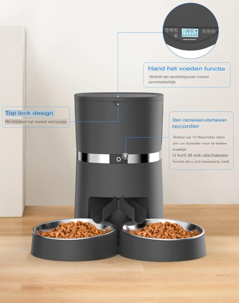 Automatische voederautomaat voor katten met geluidsopname, instelbare voedingstijden en ruime capaciteit in zwart