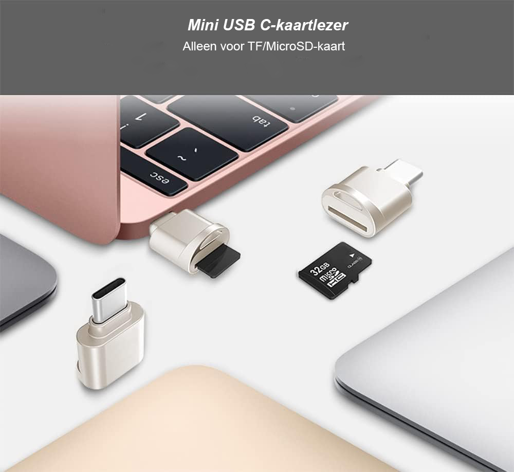 Micro SD kaartlezer met USB-C adapter voor TF-kaarten en gegevensoverdracht