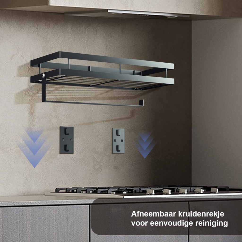 Kruidenrek set van 2 met keukenrolhouder en 4 haken, zwart 35 cm
