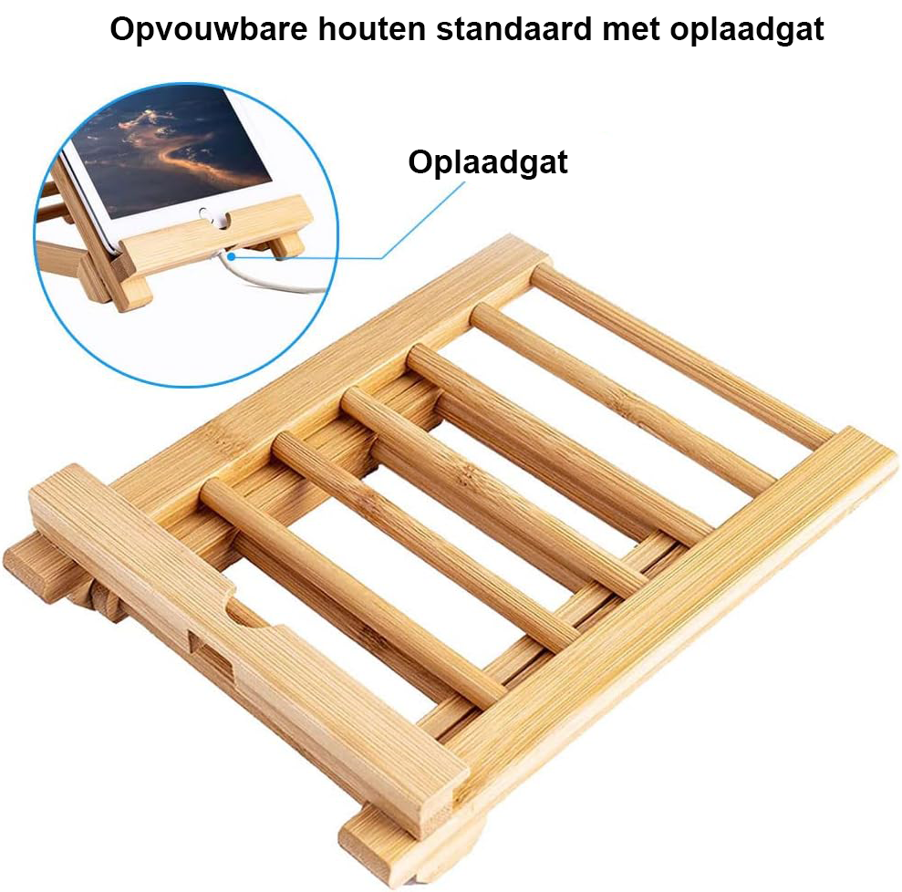 Houten bamboe tablet- en telefoonhouder voor bureau, geschikt voor iPhone, iPad en tablets