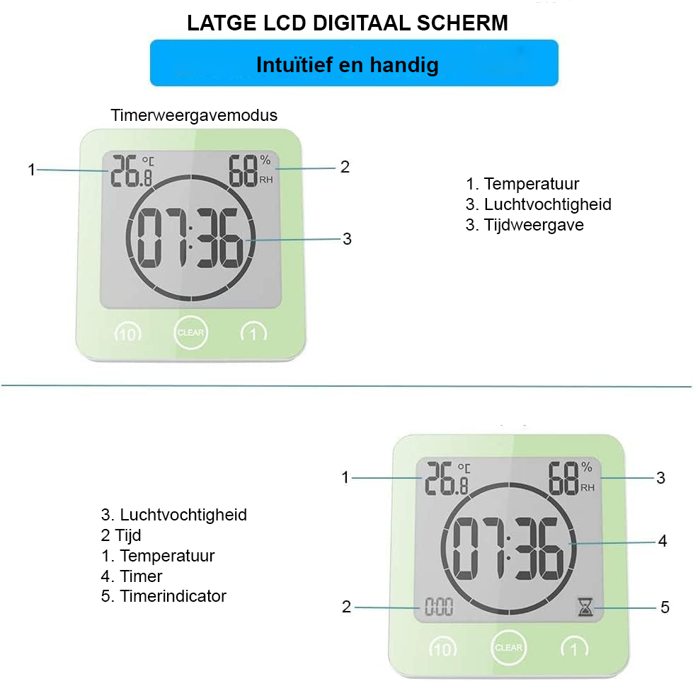 Waterdichte douchetimer met thermometer en hygrometer voor efficiënt waterverbruik in de badkamer