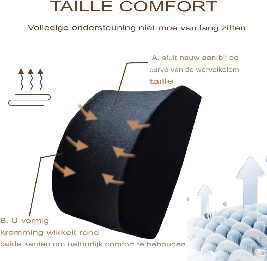 Ergonomisch grijs rugkussen met verstelbare bevestigingsriem en ademende stof