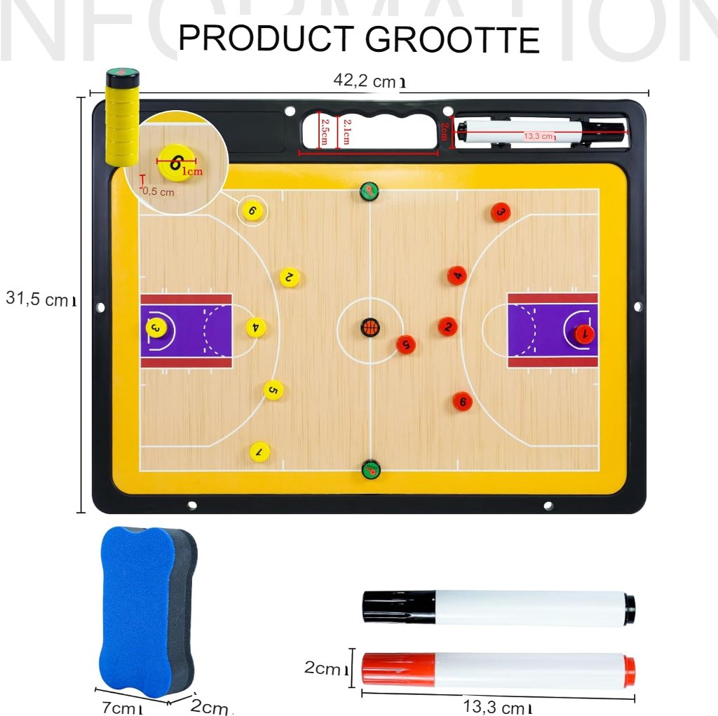 Magnetisch basketbal tactiekbord met marker, magneten en wisser voor training en wedstrijdvoorbereiding