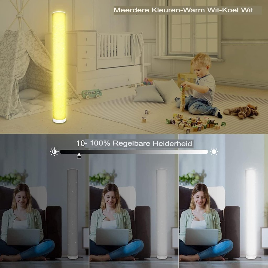 Moderne LED vloerlamp met afstandsbediening, hoekvormige zuilverlichting en dimbare kleurveranderende sfeerverlichting