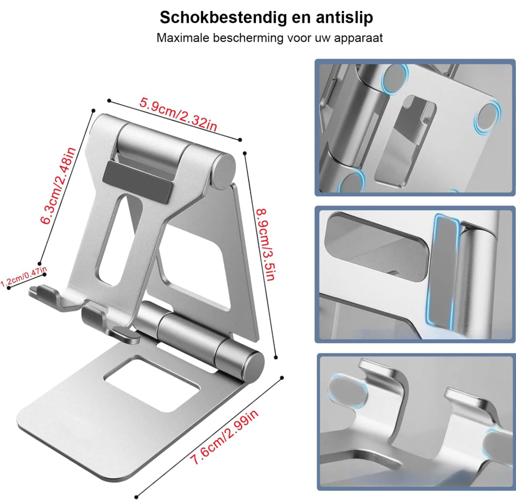 Verstelbare opvouwbare telefoonstandaard voor smartphone en tablet op bureau