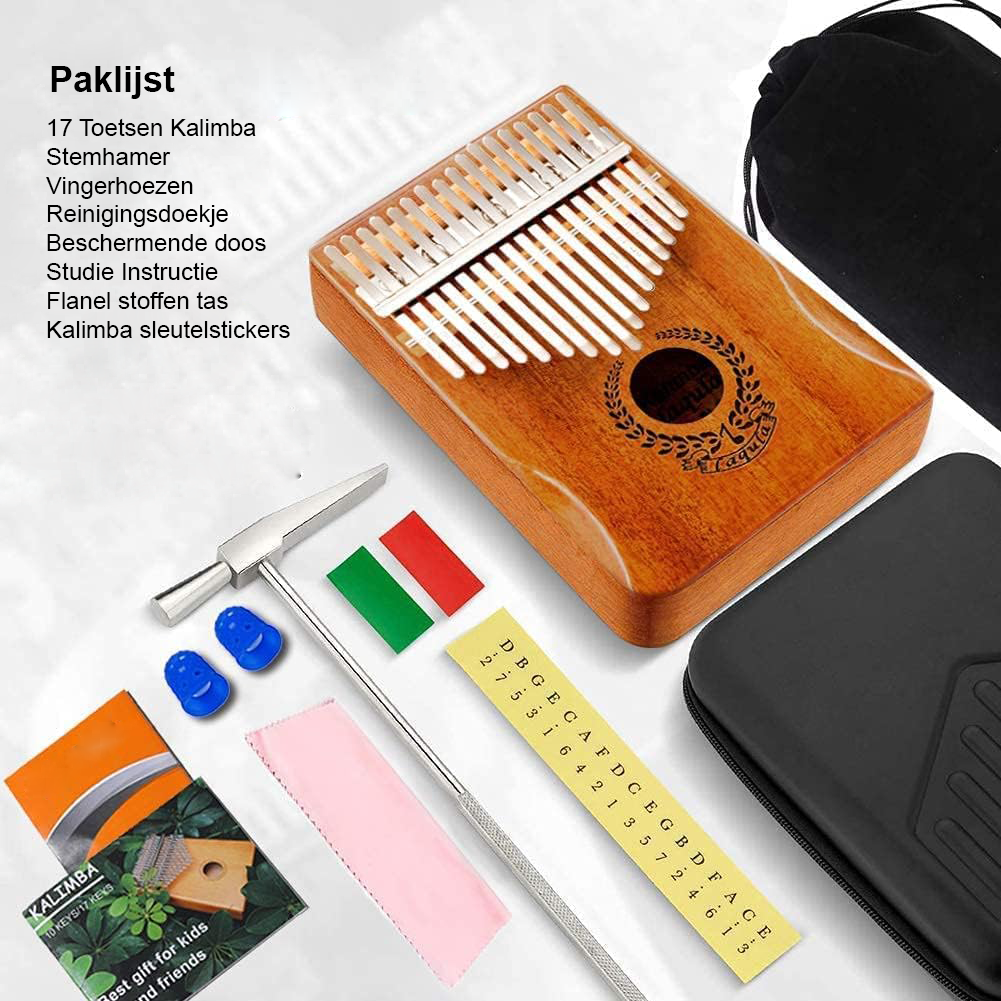 Kalimba duimpiano met 17 tanden van hout met beschermhoes
