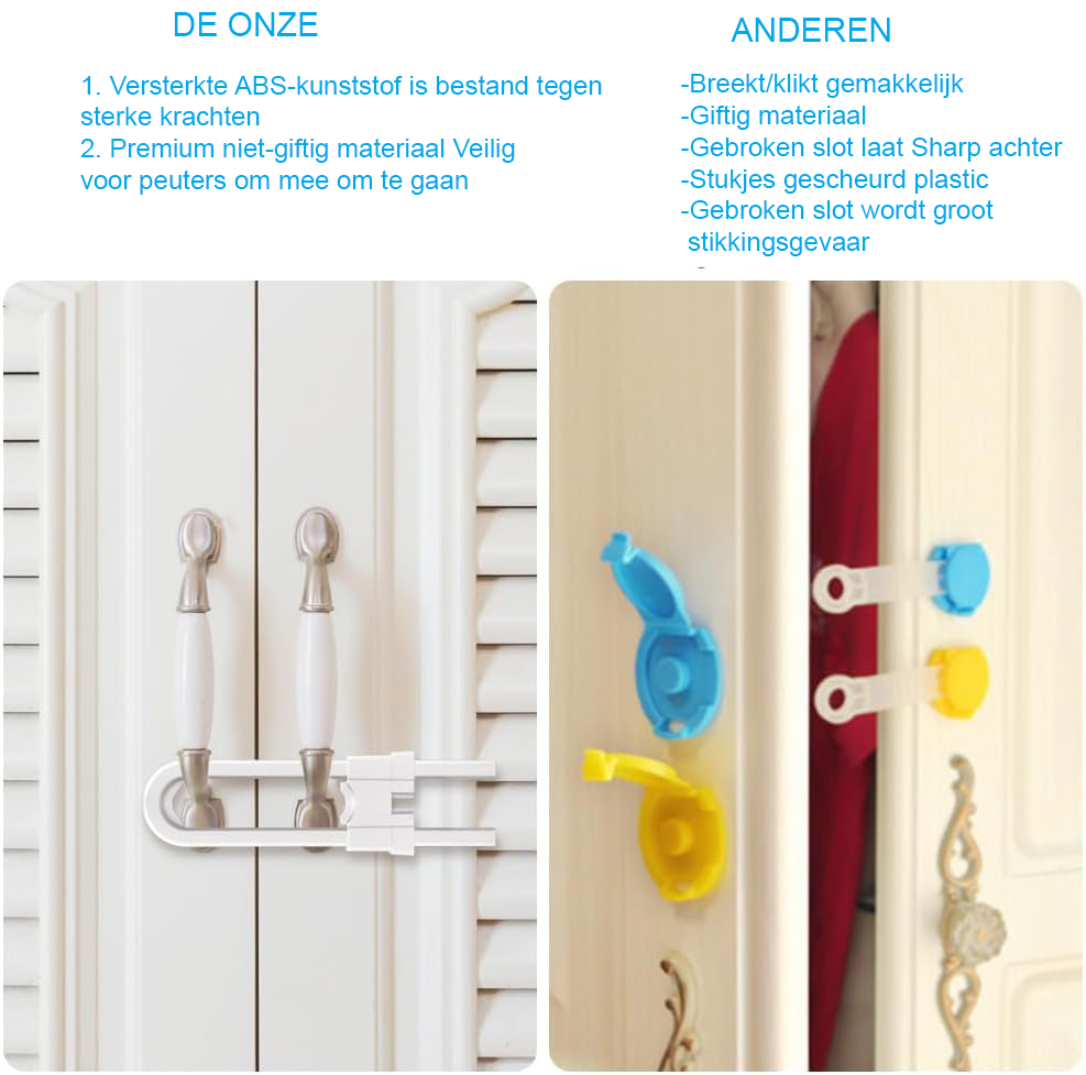 Zelfklevend kinderslot voor kastjes en laden, verstelbare U-vormige kinderbeveiliging zonder boren