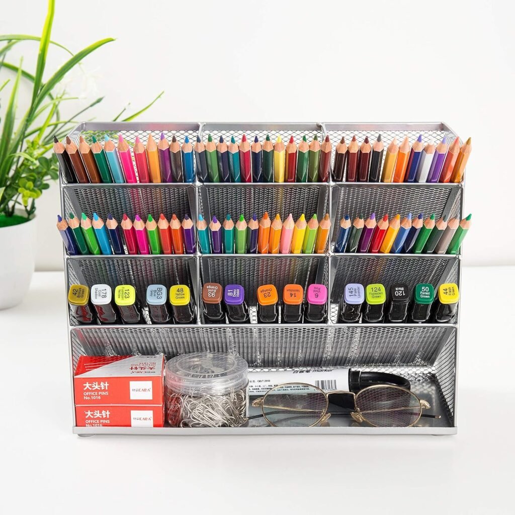 Bureau organizer zwart met metalen mesh, 5 vakken, 4 lades en pennenhouder