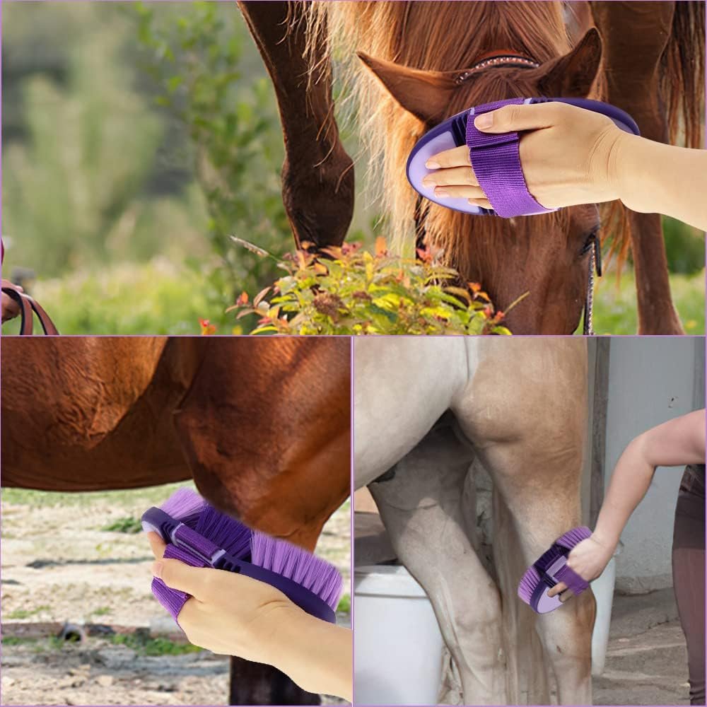Paardenborstel zachte kardetsche wortelborstel met lange haren en verstelbare handriem paars