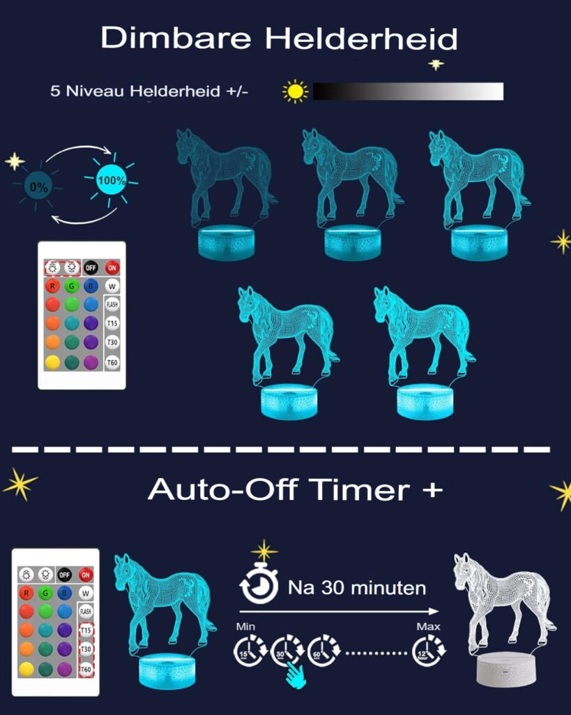 3D illusie nachtlamp met paardenmotief, afstandsbediening en kleurverandering