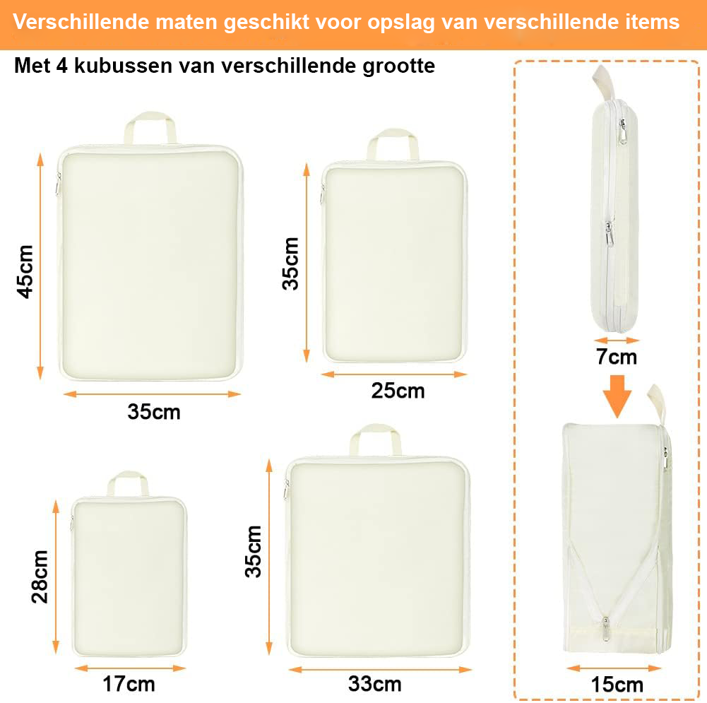 Inpakorganizer set met 4 compressiekubussen voor bagage van polyester in verschillende maten