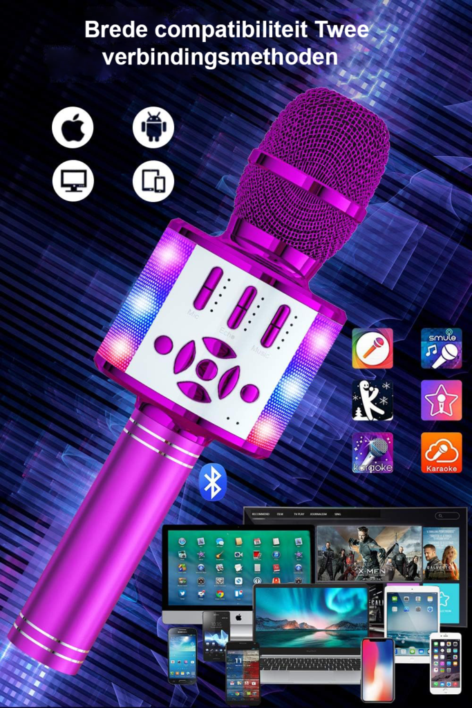 Bluetooth karaoke microfoon met LED-verlichting en ingebouwde speakers voor smartphones en tablets