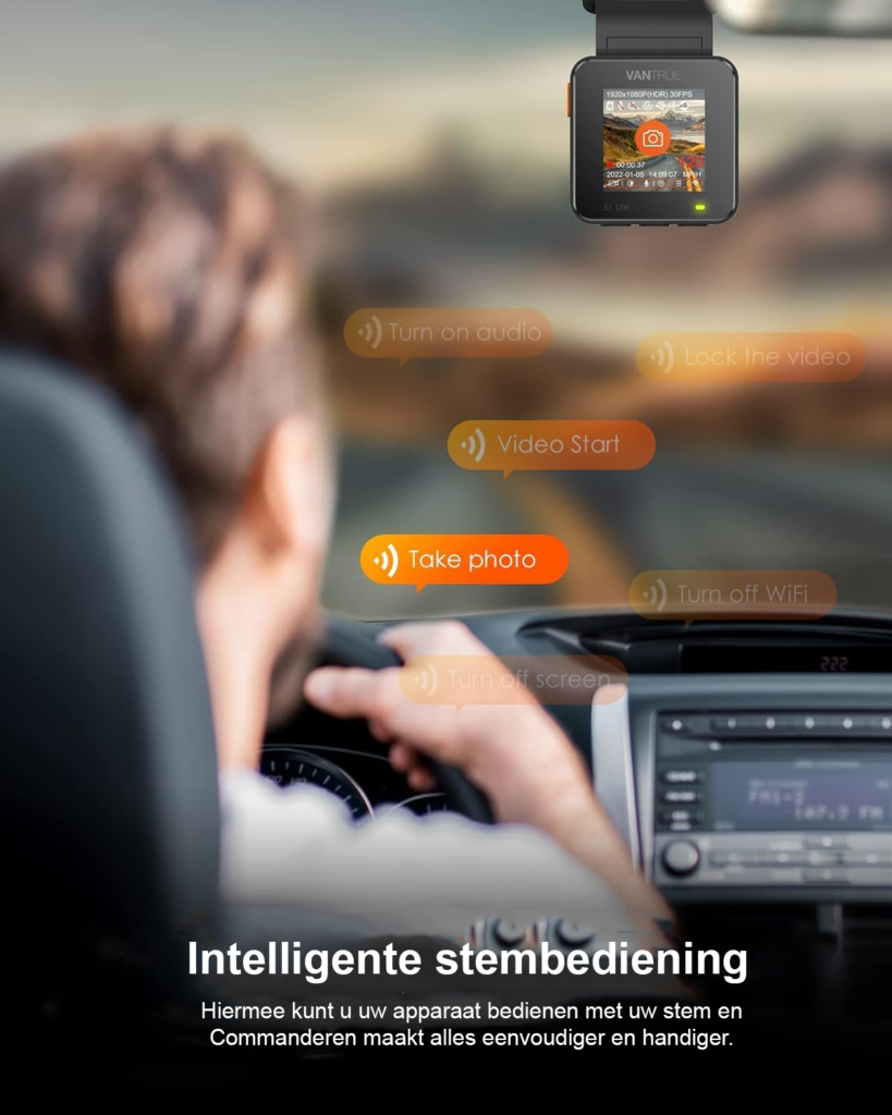 Dashcam 1080p met spraakbesturing, parkeerbewaking en 170 graden kijkhoek