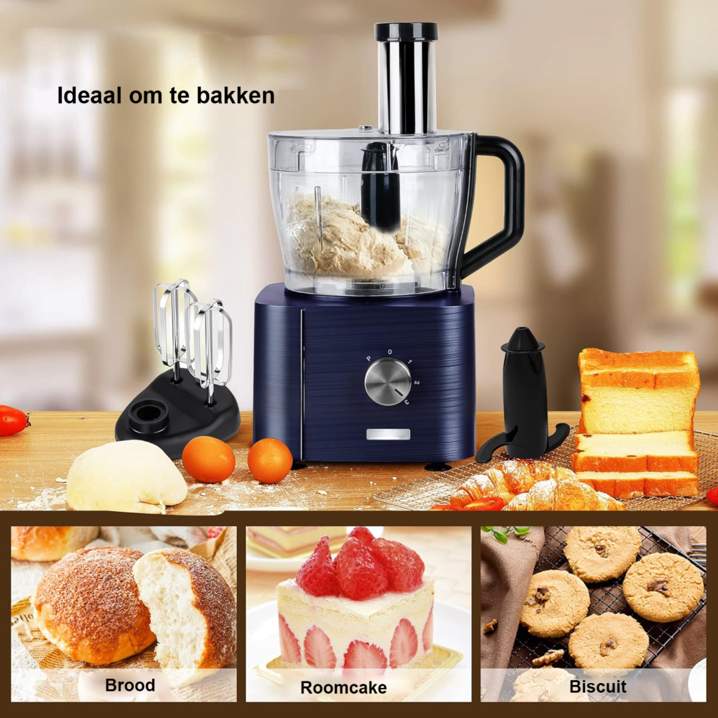 Compacte foodprocessor met snijbladen en kneedhaak