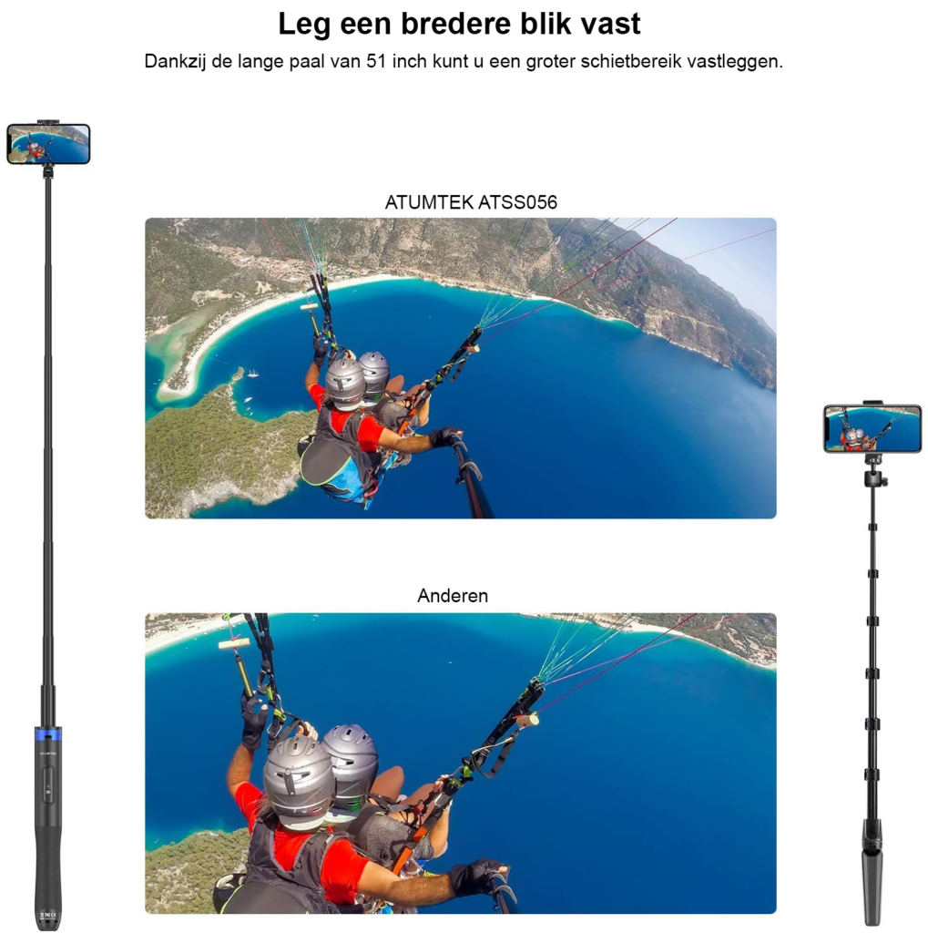 Uitschuifbaar smartphone statief met Bluetooth afstandsbediening, 360° rotatie en 1,3 m hoogte