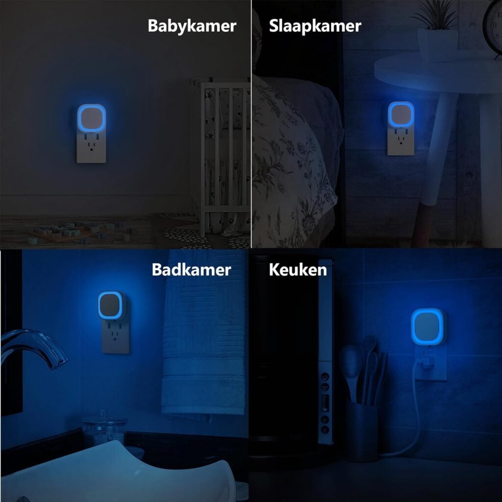 Nachtlamp met schemersensor set van 2, automatische aan/uit en instelbare helderheid in blauw (Azure)