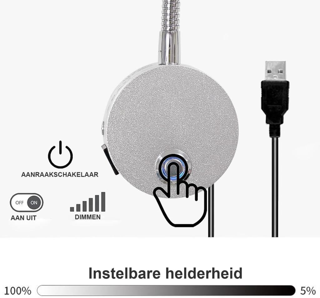 Dimbare leeslamp met flexibele hals voor bed en studeren